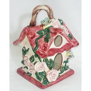 Russ pink pottery floral birdhouse/tealight holder